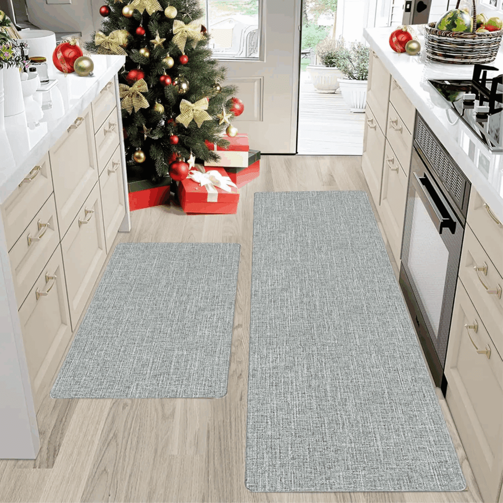 Kitchen Rugs Set of 2 for Floor: Non-slip kitchen rugs mats designed for kitchen floor use, featuring absorbency and stain resistance. These kitchen runner rugs have a rubber backing for non-skid properties and are washable. Ideal for placement in front of the sink, they come in a gray linen style.