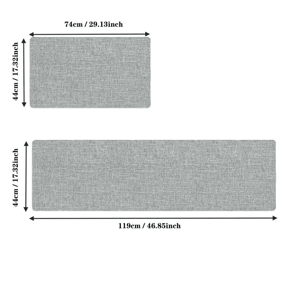 Kitchen Rugs Set of 2 for Floor: Non-slip kitchen rugs mats designed for kitchen floor use, featuring absorbency and stain resistance. These kitchen runner rugs have a rubber backing for non-skid properties and are washable. Ideal for placement in front of the sink, they come in a gray linen style.
