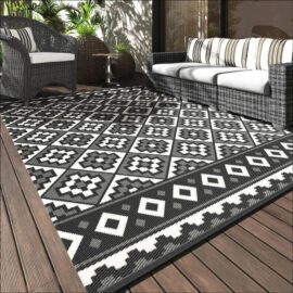 Outdoor Rug Waterproof-Patio Rug Mat 5×8 Outdoor Carpet Reversible RV Camping Picnic Plastic Straw Rug Outside Outdoor Area Rug for Balcony Deck Backyard Patio Decor Boho Modern Abstract