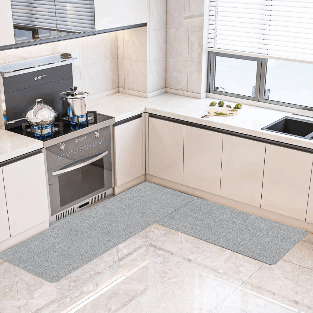 Kitchen Rugs Set of 2 for Floor: Non-slip kitchen rugs mats designed for kitchen floor use, featuring absorbency and stain resistance. These kitchen runner rugs have a rubber backing for non-skid properties and are washable. Ideal for placement in front of the sink, they come in a gray linen style.