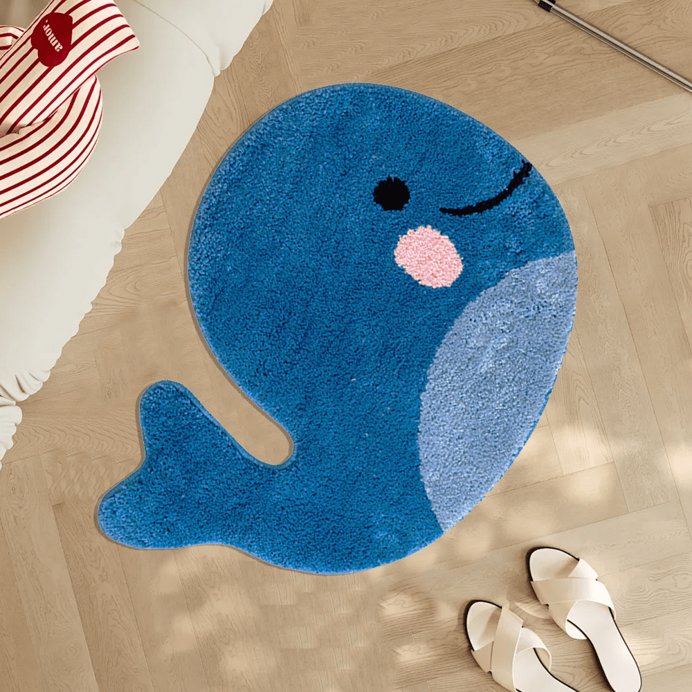 Blue Bathroom Rugs Whale Bath Rug Cute Non Slip Mat Washable Microfiber Terry Water Absorbent Farmhouse Floor Mat for Kids