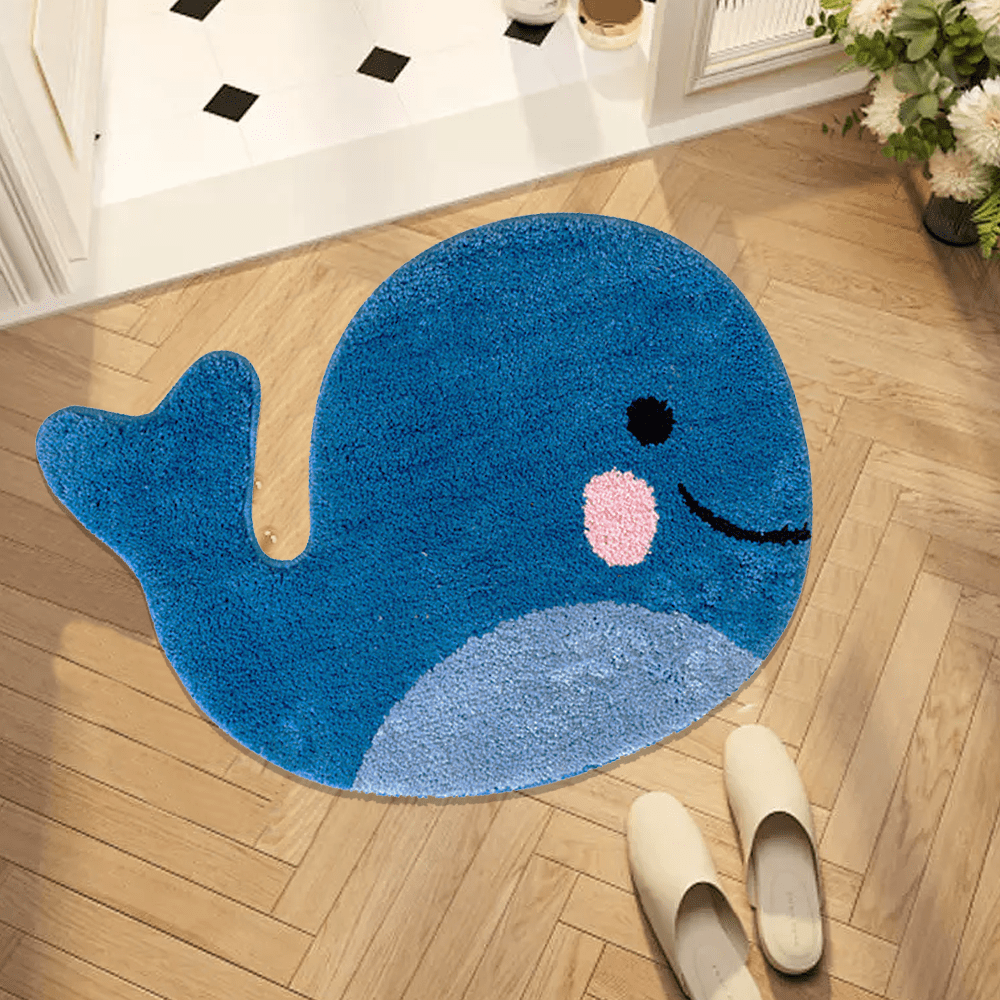 Blue Bathroom Rugs Whale Bath Rug Cute Non Slip Mat Washable Microfiber Terry Water Absorbent Farmhouse Floor Mat for Kids